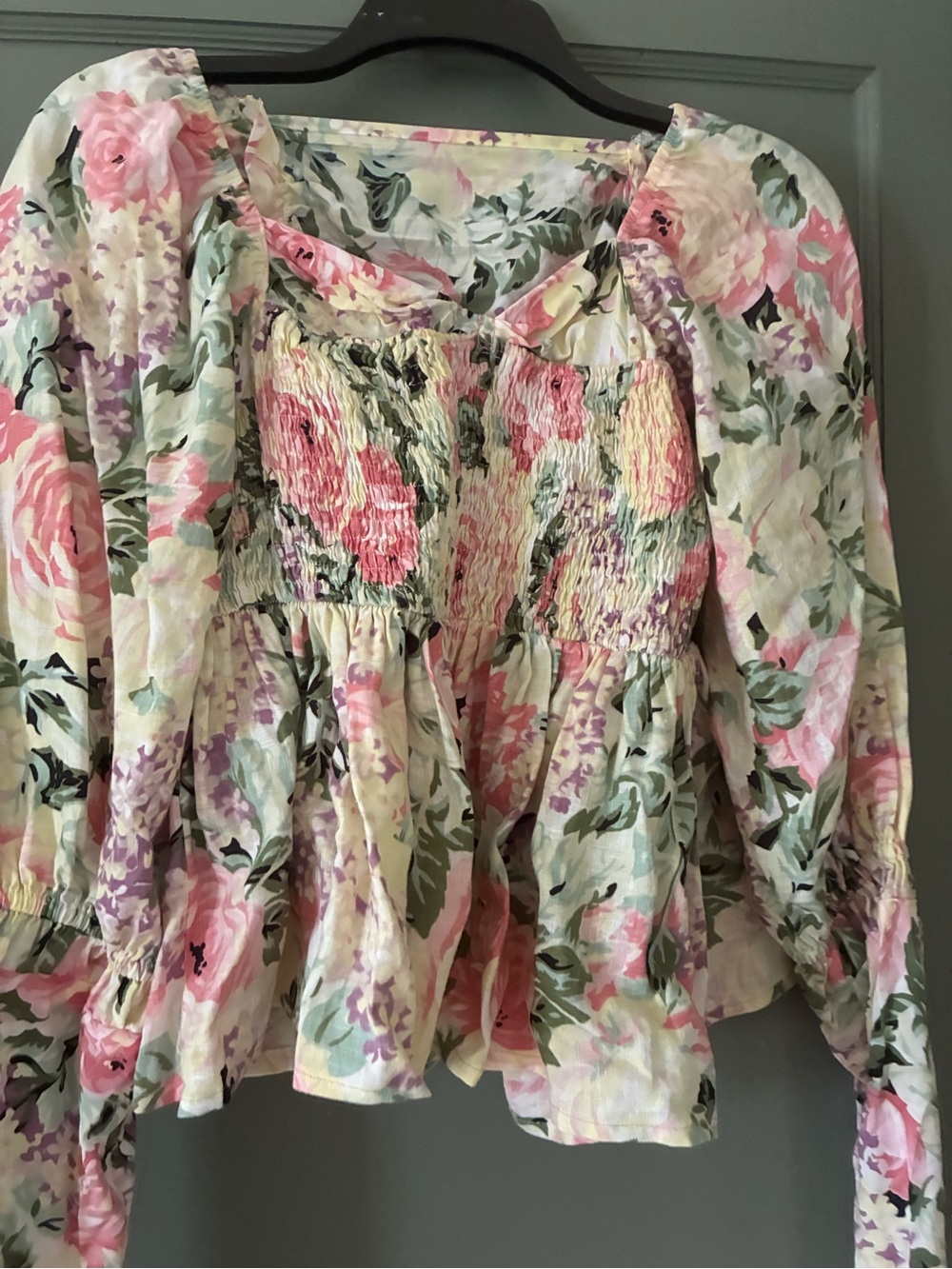 Faithfull the Brand Floral Smocked Peplum Blouse - Pink, Green, Cream - Picture 3 of 3